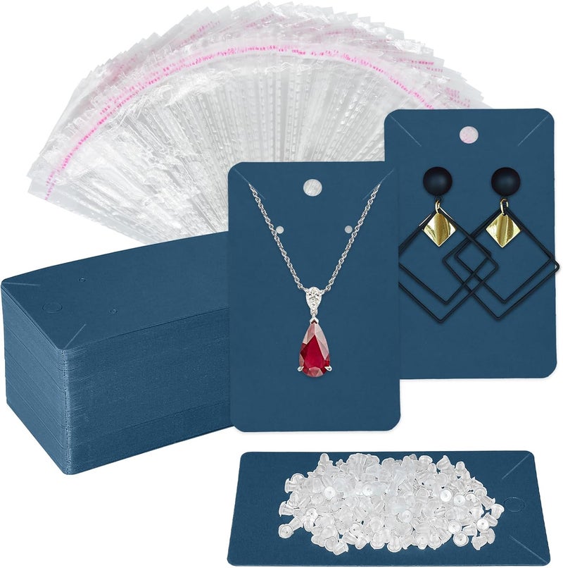 Twavang Blue Earring Display Cards with 100Pcs Earring Holder Cards, 200 Pcs Ear Backs and 100Pcs Jewelry Packaging Bag for Earrings Necklace Jewelry Display (3.5" x 2.3" Inches) - Image 1